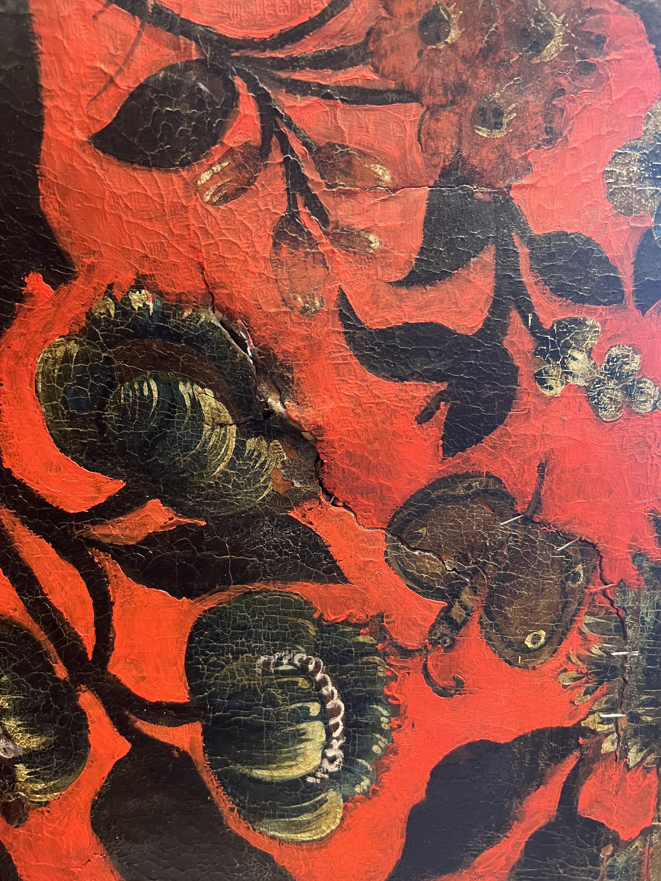 A 19th century Spanish leather three fold dressing screen re-painted by Ricardo Cinalli for the current owner, each panel width 57cm, height 175cm